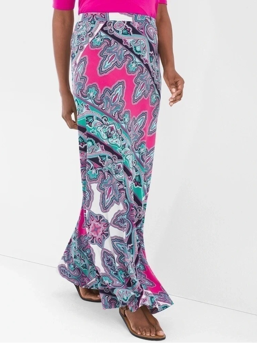 Chico's Pink Paisley Maxi Skirt with Teal Accents